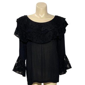 Boho Top S M Flowy Lace Tier Crinkle Blouse Bell Sl Off Shoulder Goth APT Design
